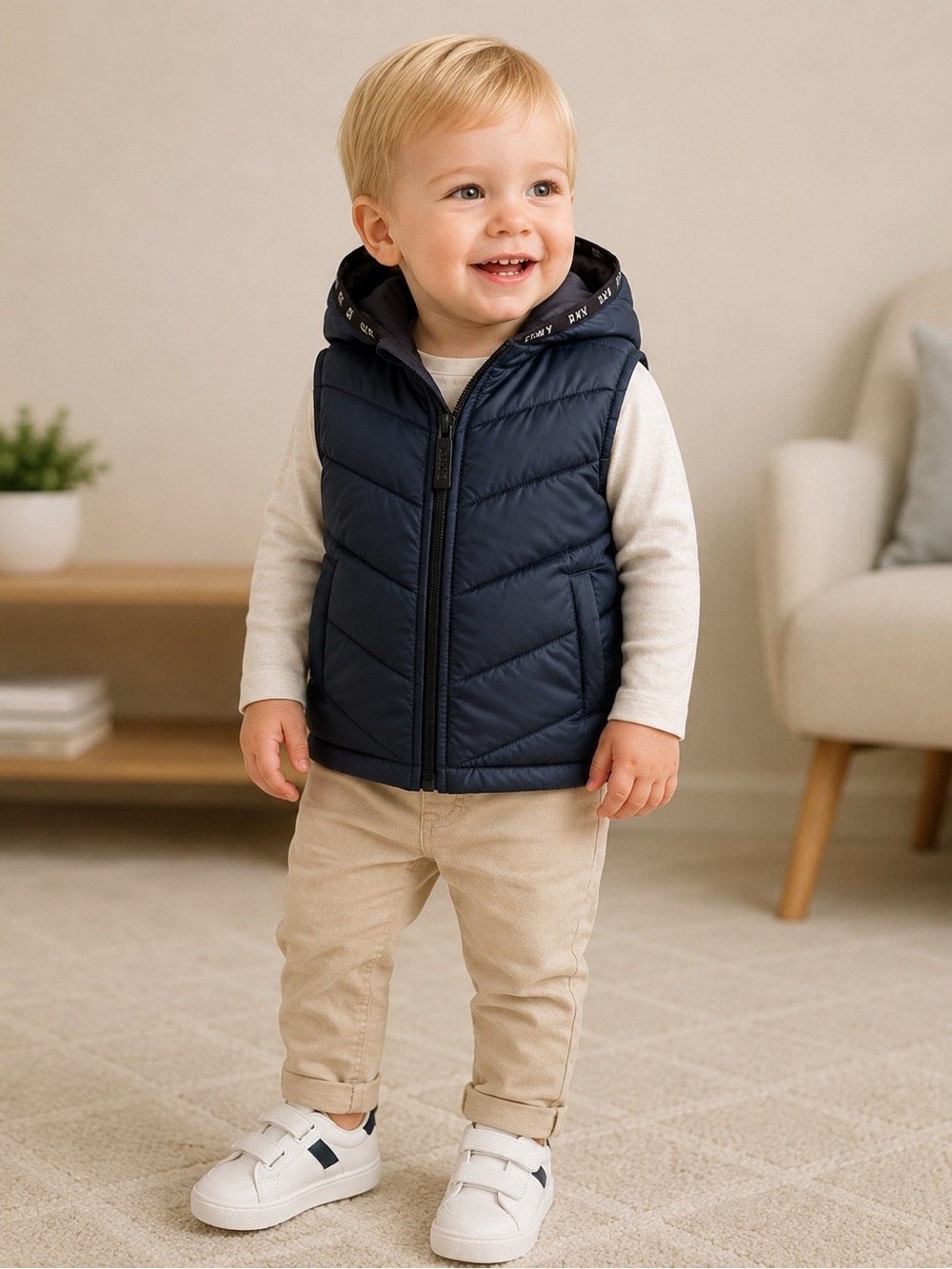 DKNY Baby Boys Navy Hooded Puffer Vest 12M Quilted Full Zip
